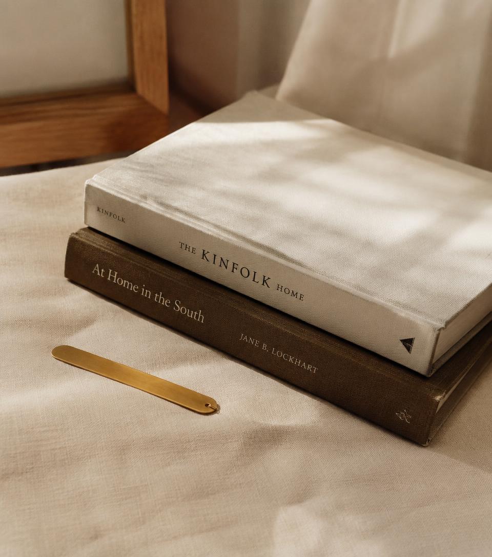 Dos libros de tapa dura apilados sobre lino color crema con un separador de latón